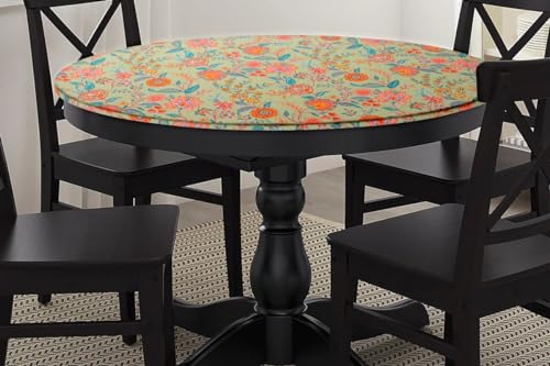 Image of The Furnishing Tree Elastic Cotton Round Dining Table Cover 36x36 in Inches Floral Multicolor on Green Base