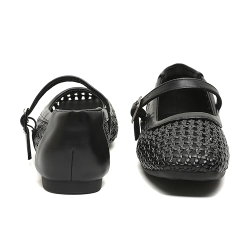 Yozuru Womens Woven Ballet Flats Mesh Mary Jane Shoes Dressy Squared Toe Comfortable Buckle Strap Casual Leather Flats for Women Black by Yozuru - Used condition - Image 4