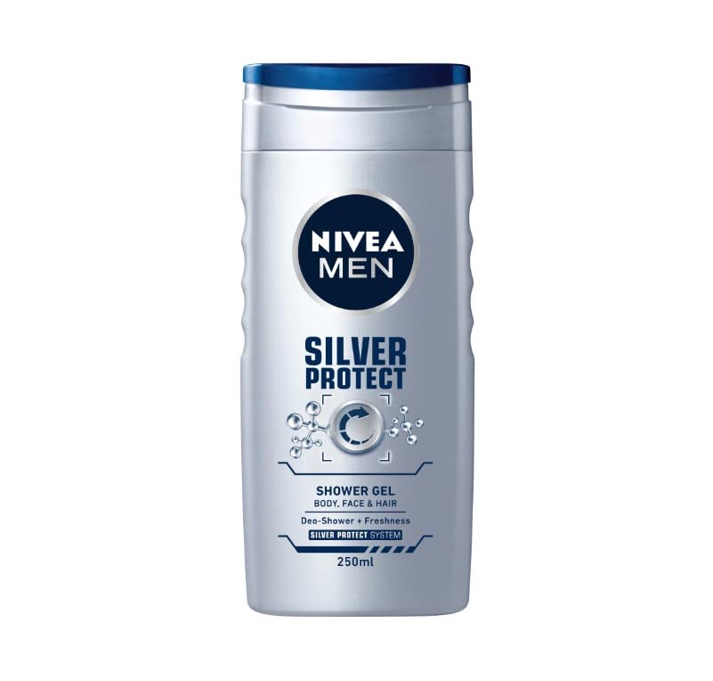 NIVEAShower Gel 250 ml Men Silver Protect Cleansing Caring Silver Innovative 99% Biodegradable Formula with Ions for All Skin Types for Body, Face and Hair (Pack of 5)