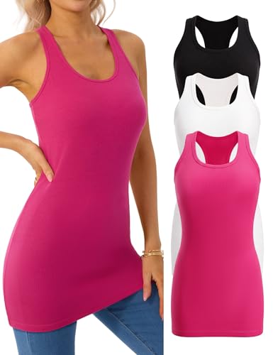 Missclub 3 Pack Basic Ribbed Racerback Tank Top with Built in Bra for Women Plain Cotton Long...