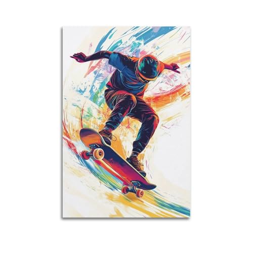 XHBKJA - XHBKJA Lebendiger Skateboarder in dynamischer Pose, zeigt spannendes Skate-Boarding-Action-Poster, Leinwand, Wandkunst, minimalistisch, modern, Wandbild, dekoratives Gemälde, hängendes Kunstwerk, 30 x