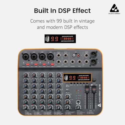 Image of Audio Array 8-Channel Hybrid USB Audio Mixer with 8 Analog + 2 Digital Inputs, 48kHz /16-Bit Processing, +50dB Gain, Combo XLR, Phantom Power, Hi-Z, 3-Band EQ, 99 DSP FX, Balanced XLR Output | AI-14