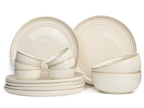 Image of Bodhi House Handcrafted Chip Resistance Porcelain Dinner Set, 14 Pieces Dish Set Serving for 6, Microwave and Dishwasher Safe, Bone-ash Free, Crockery Set for Dining and Gifting, Spanish White
