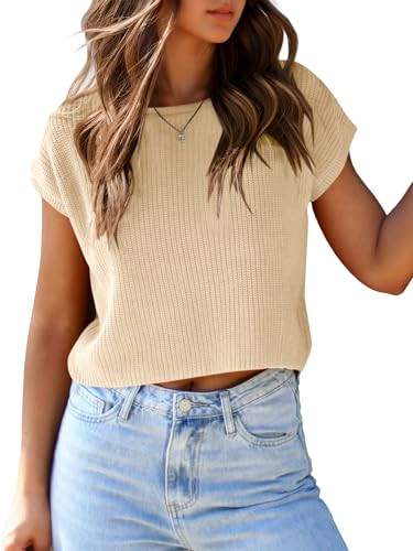 Image of Saodimallsu Womens Cap Sleeve Crop Tops Summer Trendy Going Out Crew Neck Loose Knit Cropped Sweater Vest Tank Top