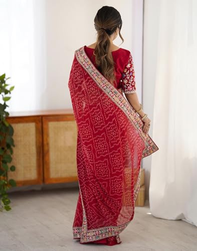 Image of SIRIL Women's Georgette Bandhani Printed Saree with Unstitched Blouse Piece