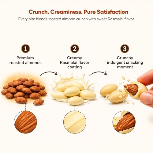 Image of DRIYOZ Malai Munch Rasmalai Flavoured Almonds 250g | Premium Crunchy Badam Coated with Creamy Malai Granules | Gourmet Indian Sweet Nut Snack for Gifting & Festive Celebrations