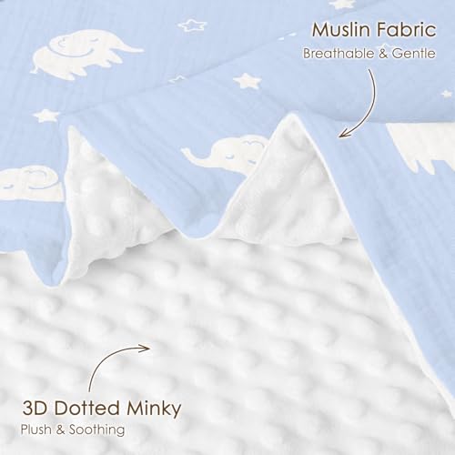 Image of Elephant Baby Blankets for Boys Girls, Soft Nursery Minky Blankets with Muslin and Dotted Fleece Back 30x40 inches, Receiving Bed Quilt for Newborn, Infants, Toddlers