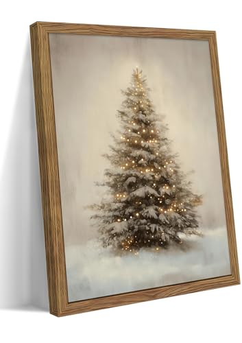 Vintage Christmas Tree Framed Wall Art, Winter Holiday Decor Snowscape Tree Print Botanical Canvas Art Rustic Christmas Wall Decor for Living Room Mantel – 16x24in