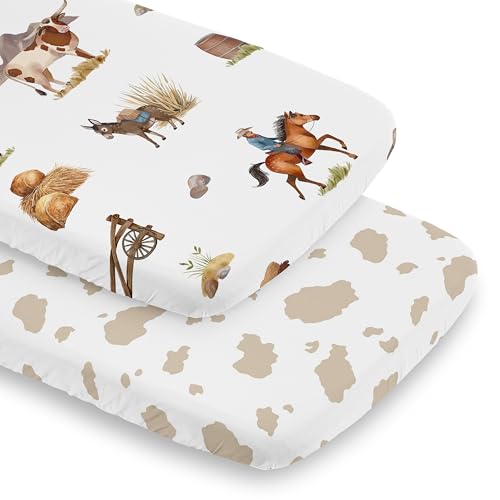 Image of Sweet Jojo Designs 2-Piece Baby Bassinet Sheets Set (Western Cowboy) for Boys, Infant Newborn Nursery, Oval, Rectangle & Hourglass Mattress (Cow Print & Wild West Southern Charm, Country, South Horse)