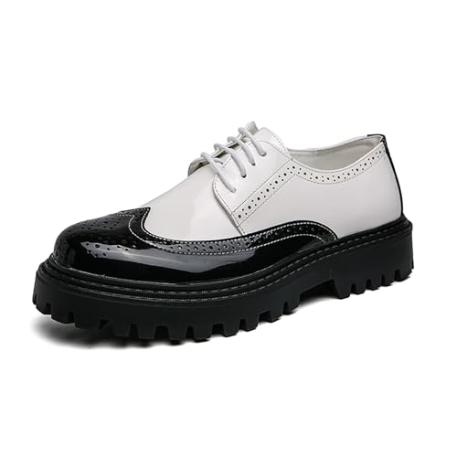 Men's Leather Wingtip Platform Oxfords Classic Round Toe Lace-Up Chunky Heel Dress Shoes for Office Business Work Casual