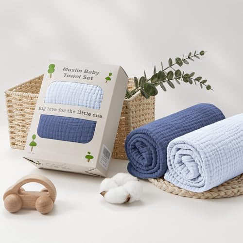Image of Susurration Hooded Baby Towels for Newborn 2 Pack 100% Muslin Cotton Towel for Babies，Highly Absorbent and Newborn Essential 30x30 Inch Light Blue&Royal Blue