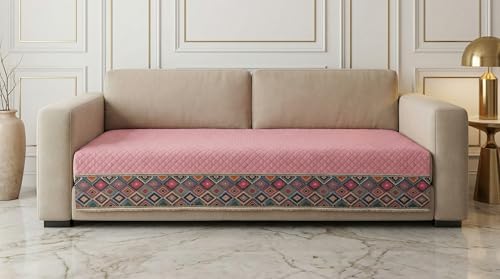 Image of Velvet Quilted Sofa Cover Mat Seat & Back, 3+2 Set, Total L115in H32in (3+2), Baby Pink Color,Anti Skid Backing, 6in Hanging Strap Design, Washable Soft, Style -BabyPink-S32
