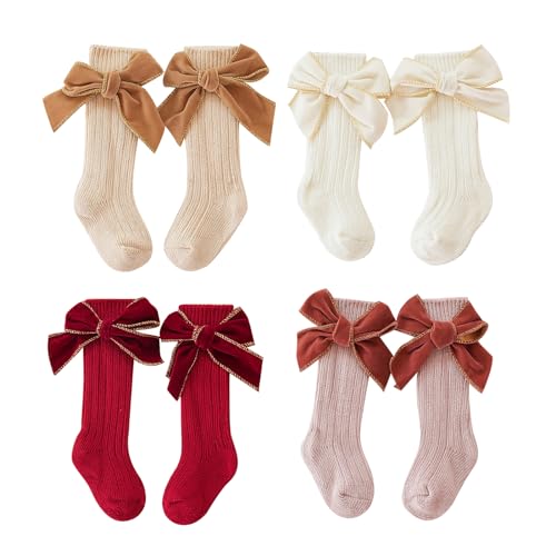 Merqwadd 4-Pack Baby Girls Knee High Socks Infants Toddlers Bow Knit Socks Cotton Tube Ruffled Stockings