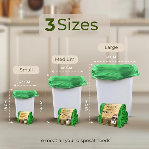Image of IMECO Eco Garbage Bags | 300 Pcs | Medium - 19 x 21 Inches | 30 Pcs x 10 Rolls | Green | Biodegradable Dustbin /Trash Bags with Detachable Drawstrings | Perfect for Dry & Wet Waste
