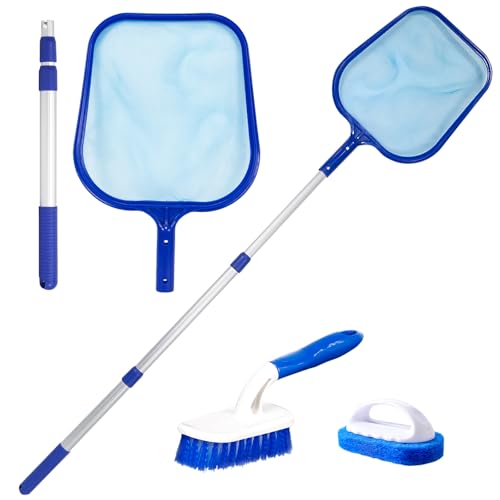 Satar Refes Hot Tub Cleaning Kit Pool Skimmer Leaf Net Fine Mesh Net with Telescopic Pole Scrubbing Brush Pad Brush for Garden Pond Fountain Hot Tub Spa Fish Tank Cleaning