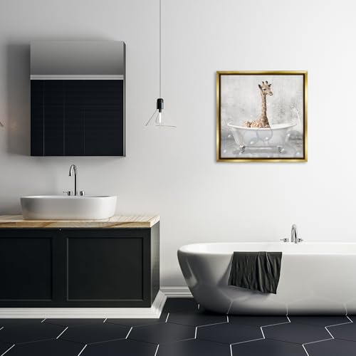 Image of Stupell Industries 'Baby Giraffe Bath Time'| Floating Frame Canvas Art | Stupell Industries | Gold, 25 x 25 Inches, Easy to Hang and Sturdy, Made in USA, by Kim Allen