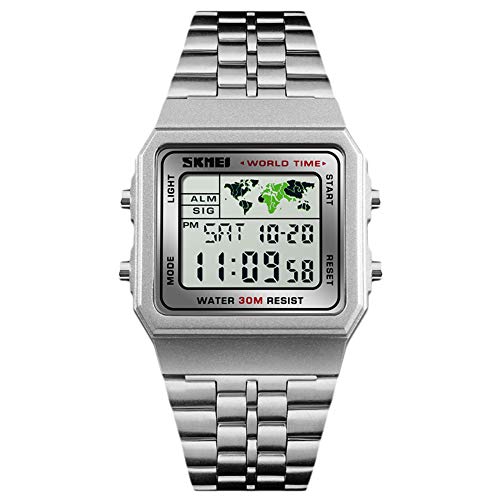 skmei Montre électronique numérique, Modaka Montre Rectangle avec Bracelet en Acier Inoxydable étanche, avec Compte à rebours, Affichage du chronomètre (Argent)