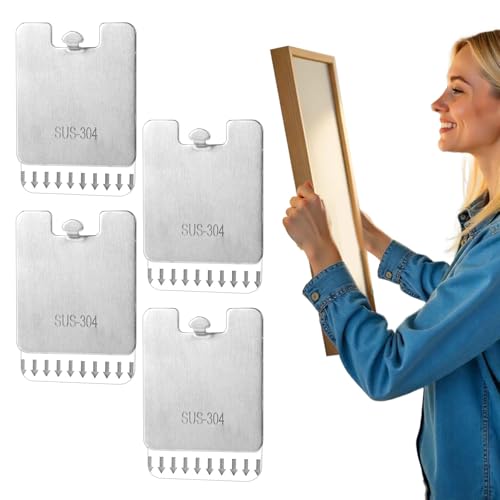 Image of 4pcs Picture Frame Hanging Hooks & 4 Adhesive Strips, Free Hanging Metal Paint Hanging Hooks Kit Picture Hangers Tool Without Nails, No Damage to Wall