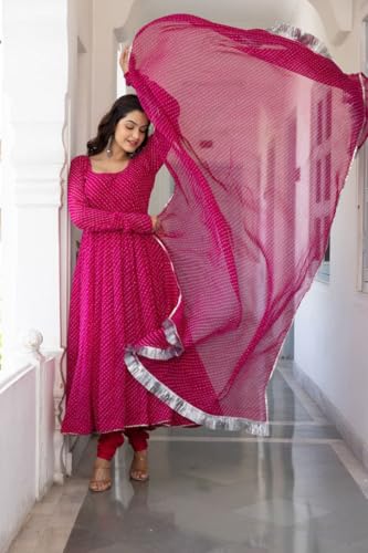 Image of Modestouze Attires Women's Rayon Printed Kurta Set | U Neck Full Sleeve Fit Flared Anarkali Kurti and Print Dupatta
