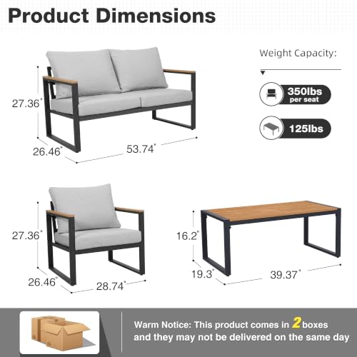 Image of Patio Furniture Set, 4 Pieces Outdoor Patio Furniture with Coffee Table Set, Metal Patio Conversation Sets with Washable and High-Resiliency Sponge Cushions, Upgarded Light Grey