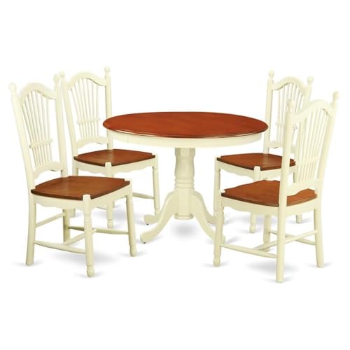 East West Furniture HLDO5-BMK-W 5 Piece Dining Table Set for 4 Includes a Round Kitchen Table with Pedestal and 4 Kitchen Dining Chairs, 42x42 Inch, Buttermilk & Cherry