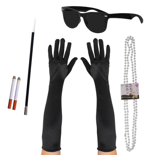 ILOVEFANCYDRESS MORNING BREAKFAST LADY SET AND KIT WITH LONG ELBOW BLACK GLOVES, LONG BLACK CIGARETTE HOLDER, 2 FAKE CIGARETTES, BLACK SUNGLASSES, PEARL NECKLACE - 1920S RESTURANT GIRL SMOKING WOMAN