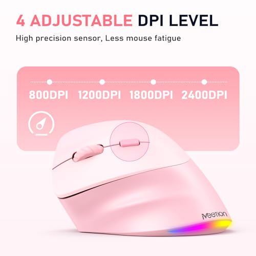 Image of MEETION Left-Handed Ergonomic Mouse, Vertical RGB Wireless Design, Pink | Comfortable vertical grip for left-handed users, rechargeable battery, Bluetooth 5.2 /3.0, USB-A receiver, 4 DPI settings