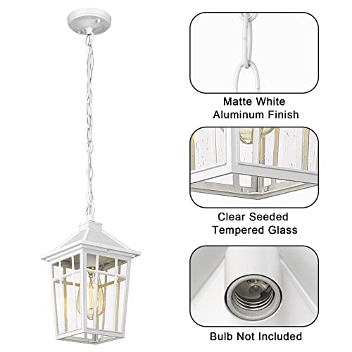Darkaway Outdoor Pendant Light Fixture, Outdoor Hanging Light Porch Lights Fixtures Anti-Rust Waterproof Aluminum With Seeded Glass For Porch Entryway Doorway Farmhouse White #TOP4