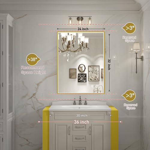 FTOTI 24x32 Inch LED Bathroom Mirror with Lights,Wall Mounted Lighted Mirrors with Non-Rusting Gold Metal Frame Anti-Fog Memory Funtion Stepless Dimmable by FTOTI - Image 6