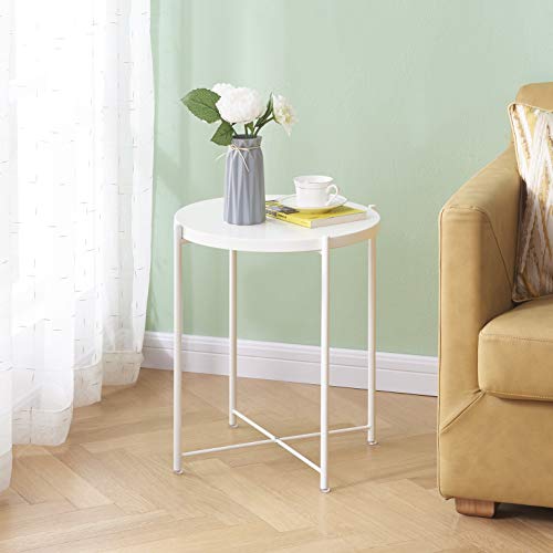 OVICAR Metal Tray End Table, Round Accent Coffee Side Table, Anti-Rust and Waterproof Outdoor Small Side Table, Indoor Modern Sofa Side Table Bedside Table for Living Room Bedroom Balcony (White) - Thumbnail 4