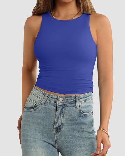 Image of ATHMILE Womens Double Lined Crop Tank Tops Casual Basic Shirts Sleeveless Workout Tops Cute Summer Clothes Teen Girls