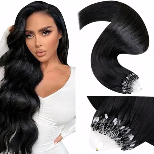 LaaVoo Microlink Hair Extensions Human Hair Black Micro Beads Hair Extensions 20 Inch Jet Black Real Human Hair 50g 50s