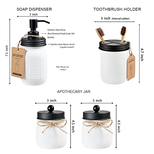 4Pc Mason Jar Bathroom Accessories Set —White Retro Mason Jar Lotion Soap Dispenser & 2 Qtip Holder & Toothbrush Holder,Rustic Farmhouse Decor+2 Pc Apothecary Jars Bathroom Vanity Organizer,Black #TOP1