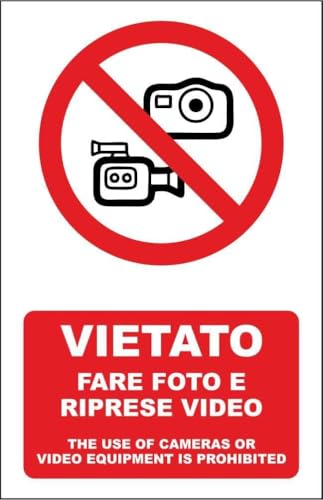 CARTELLO SEGNALETICO - VIETATO FARE FOTO E VIDEO - Adesivo Extra Resistente, Pannello in Forex, Pannello In Alluminio (Plastica, 20x31 cm)