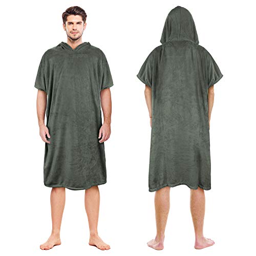 Catalonia Hooded Surf Towel Poncho, Super Water Absorption Polyester Microfiber Beach Sand-Proof Wetsuit Changing Robe For Adults Men Women Surfing Swimming Bathing, Army Green #TOP1