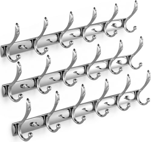 Image of Exclusive Extra Long 40 cm Antique Brass 6 Pin Metal Bathroom Cloth Hooks Hanger Door Wall Robe Hooks Rail for Hanging Keys, Clothes, Towel (3, Chrome)