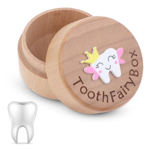 Aeaocvo Tooth Keepsake Box Lost Teeth Holder Wooden Tooth Fairy Box with 3D Carved Tooth, Souvenir Dropped Tooth for First Lost Teeth or Kids Boys and Girls Baby Shower
