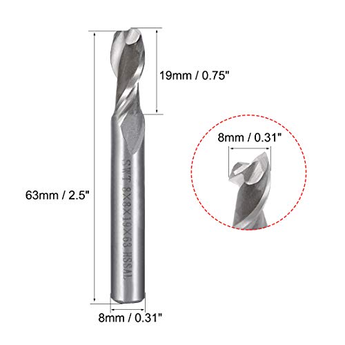 Image of uxcell High Speed Steel HSS-AL 2 Flute Straight Shank End Mill Cutter CNC Router Bits, 8 x 8 x 19mm