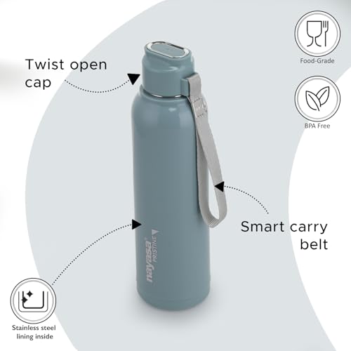 Image of Nayasa Pristine 700ml Water Bottle | BPA-Free Plastic with Insulated Stainless Steel Inner | Leak-Proof Twist Cap | For Office, School, Gym, Travel, and Outdoor Use | Blue