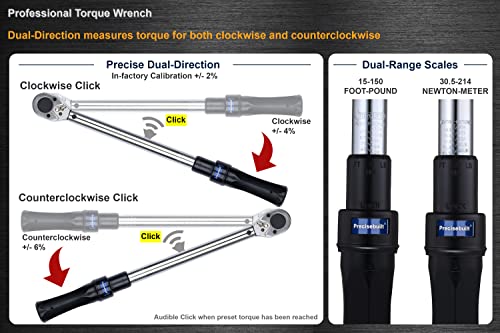Precisebuilt 1/2" Drive 15-150 Ft-Lb (30.5-214 Nm) Dual-Direction Click Professional Torque Wrench #TOP1