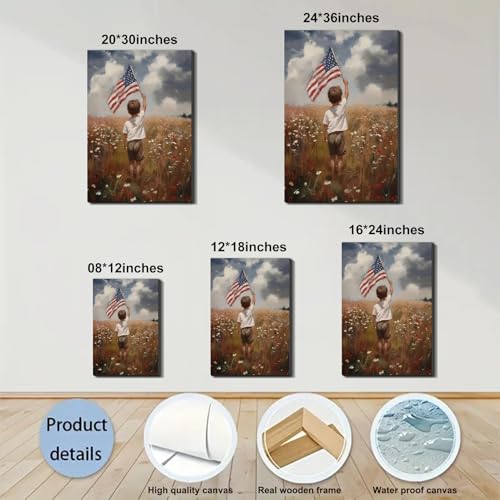 Image of Framed Patriotic American Flag Wall Art, USA Canvas Art Pictures, Red White Blue Wall Decor, Made in USA Ready to Hang for Living Room Bedroom Office Man Cave