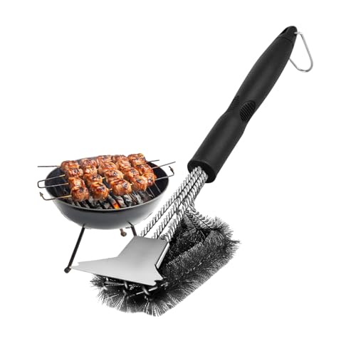 FRUHLING 43 cm Grillbürste Edelstahl Grillrost Bürste Grill Reinigungsbürste Lang mit Spatel 3-fach Bürstenkopf PP Wärmedämmung Griff für Gasgrill Holzkohlegrill Elektrogrill Grillrost