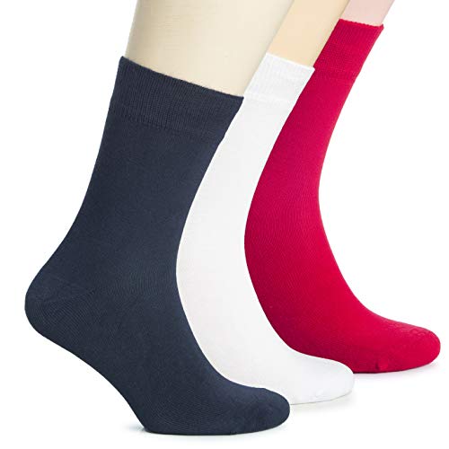Hugh Ugoli Women's Bamboo Dress Socks Crew Soft Thin Comfy Seamless Toe, 3 Pairs, White/Red/Navy Blue, Shoe Size: 9-11