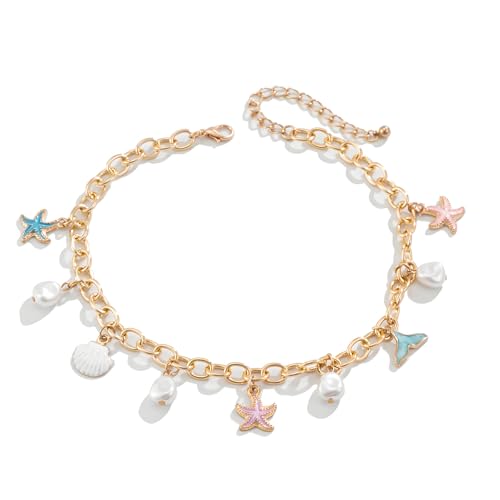 Gold Shell Charm Bracelets for Women Pearl Seashell Bracelets Starfish Shell Mermaid tail Pendant Bracelets Beach Jewelry for Women