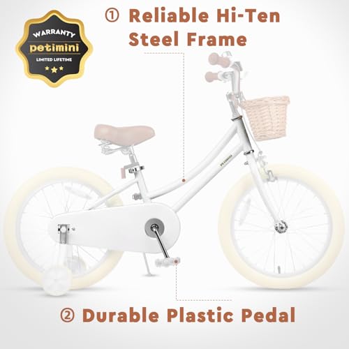 Image of Petimini Vintage Kids Bike for Girls, 12-20 Inch Classic Bicycle with Wicker Basket & Bell, High Tensile Steel Frame, Training Wheels (12-18 inch), 85% Pre-Assembled, Retro Bike for Outdoor Riding