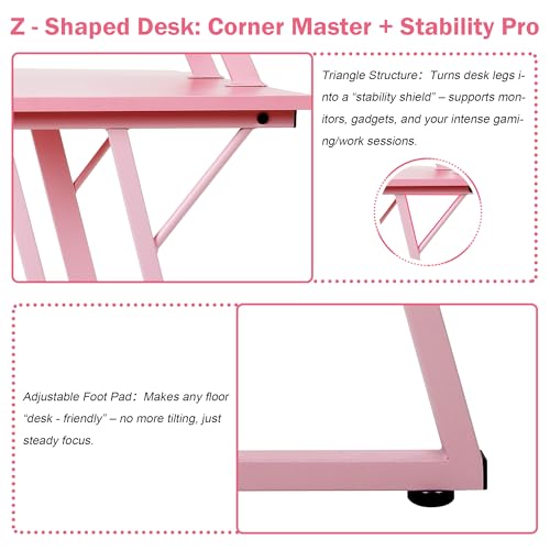 Image of L Shaped Gaming Desk, 50 inch Corner Desk, Spacious Dual Tops, P2 Particleboard, Metal Z-Legs, Adjustable Non-Slip Pads, Scratch /Waterproof, Multi-Use Home Office /Game Room /Dorm