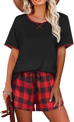 Ekouaer Pajamas Women Short Sleeve with Plaid Shorts Soft Sleepwear Sleep Set Casual Lounge Pj Set,Black, Red Plaid