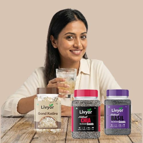 Image of Livyor Gond Katira, Chia Seeds, Basil Seeds Combo Pack 200g x 3 (Gond Katira + Chia Seeds + Basil Seeds)