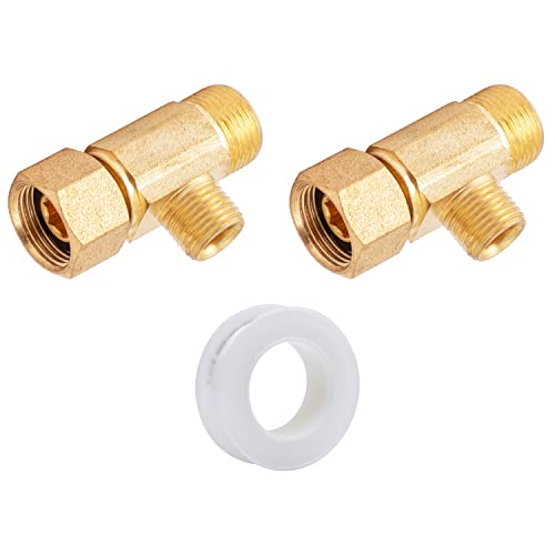 SUNGATOR Water Line Splitter, No Lead Compression Tee, 3/8" Compression Inlet x 3/8" Compression Outlet x 1/4" Compression Outlet Brass Add-A-Tee Valve with A Sealing Tape (2 PCS)