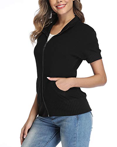 Andy & Natalie Women's Stand Collar Zip Up Short Sleeve Hoodies Jacket Sweatshirts With Pockets Black #TOP2